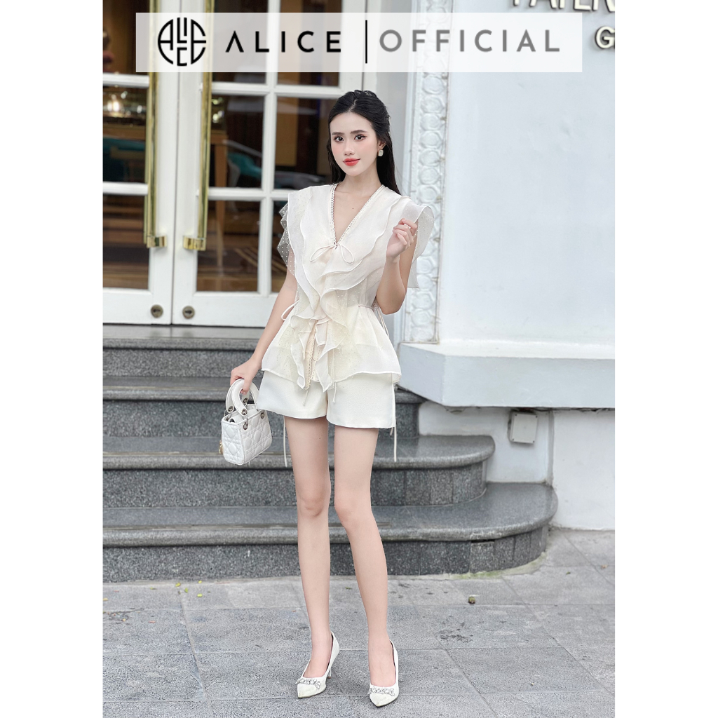 Set Đồ Tiểu Thư Áo Tơ Nhật Cổ V Bèo Ngực ALICE Phối Quần Sooc Tafta Cạp Cao Thanh Lịch, Sang Trọng S329