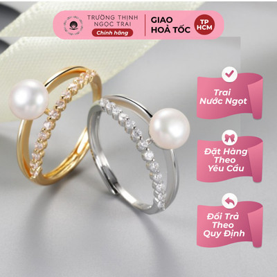 Nhẫn Đính Ngọc Trai Viền Ngang Một Hàng Đá - Ngọc Trai Trường Thịnh