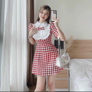 Đầm tiểu thư sọc caro đỏ phối cổ bèo đính nơ cưng xĩu,váy nữ đi chơi đi tiệc chất bố kim cương cao cấp chuẩn shop