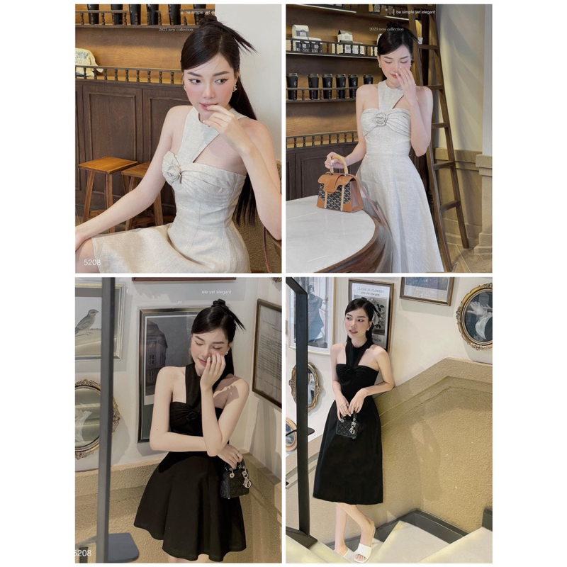 ĐẦM CỔ YẾM KHOÉT XẾP NGỰC TAG HOA (2 loại: ngắn và midi)
