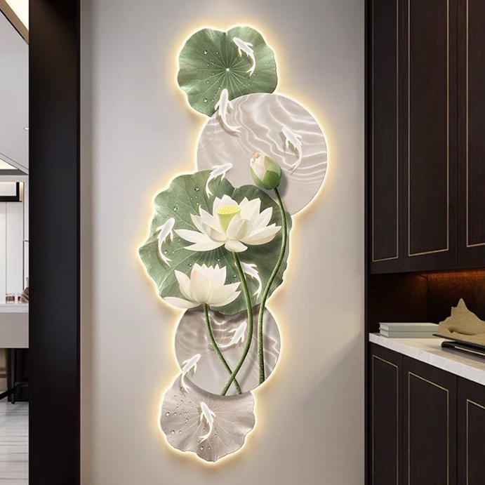 Tranh Phong Thuỷ Đèn LED 3D Hoa Sen Cá Chép May Mắn Treo Tường Trang Trí Phòng Khách, Shop Tiệm Giá Rẻ