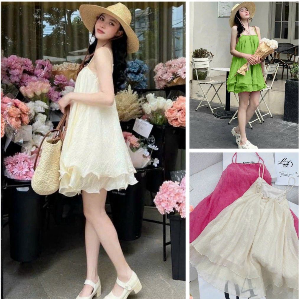 Đầm xước hai hây dáng xòe nhùn bèo 2 lớp xinh xắn với 3 tone màu siêu xinh dành các nàng dạo phố, du lịch xinh xịn