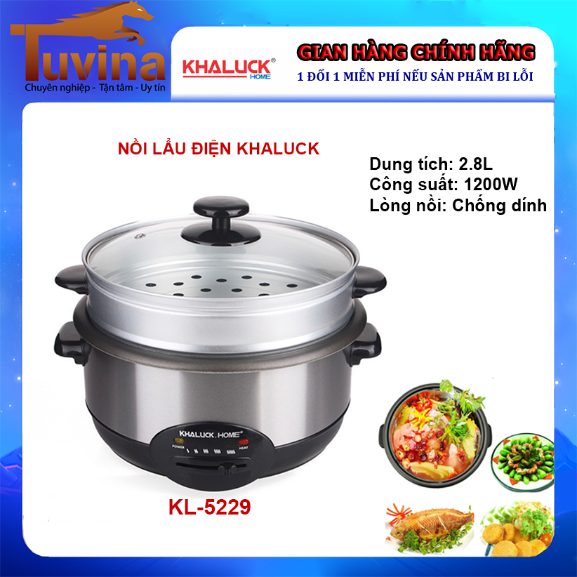 Nồi lẩu điện Khaluck 2.8 lít KL-5220, KL-5229 Vỏ inox, Lòng nồi tráng men chống dính - Hàng chính hãng