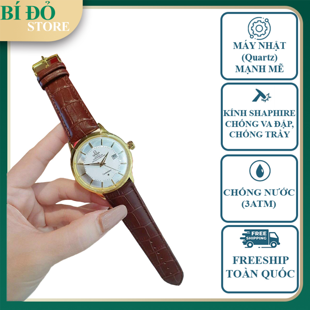 Đồng hồ nam OMEGA máy nhật, kính shaphire, chống nước, kim trôi, size 42mm, dây da CAO CẤP