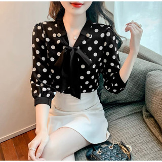  Áo Sơ Mi trung niên nữ HT Store_Áo Sơ Mi Nữ Tay Lỡ Chấm Bi To Cổ Nơ Chất Voan Cao Cấp 
