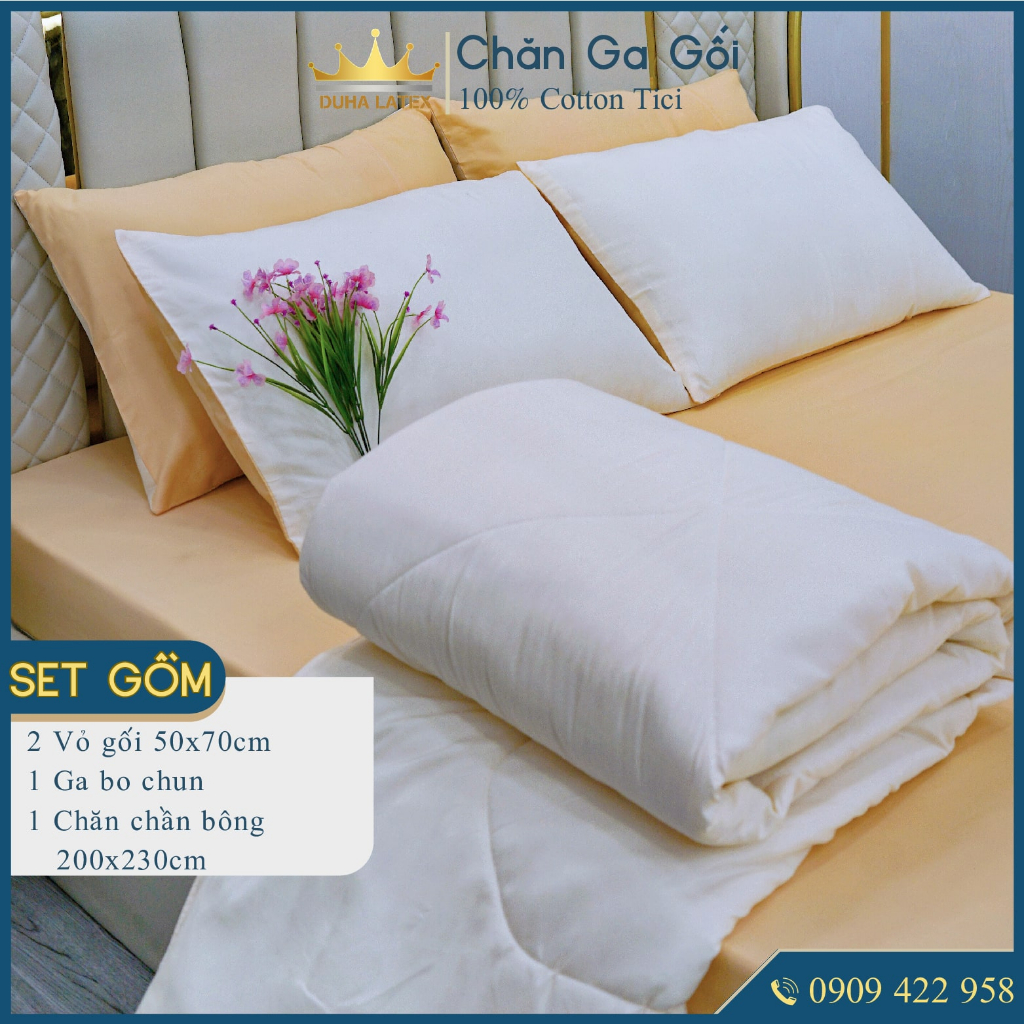 Bộ chăn ga gối 5 món Cotton Tici màu Kem  đầy đủ kích thước Duhalatexstore Al1-4