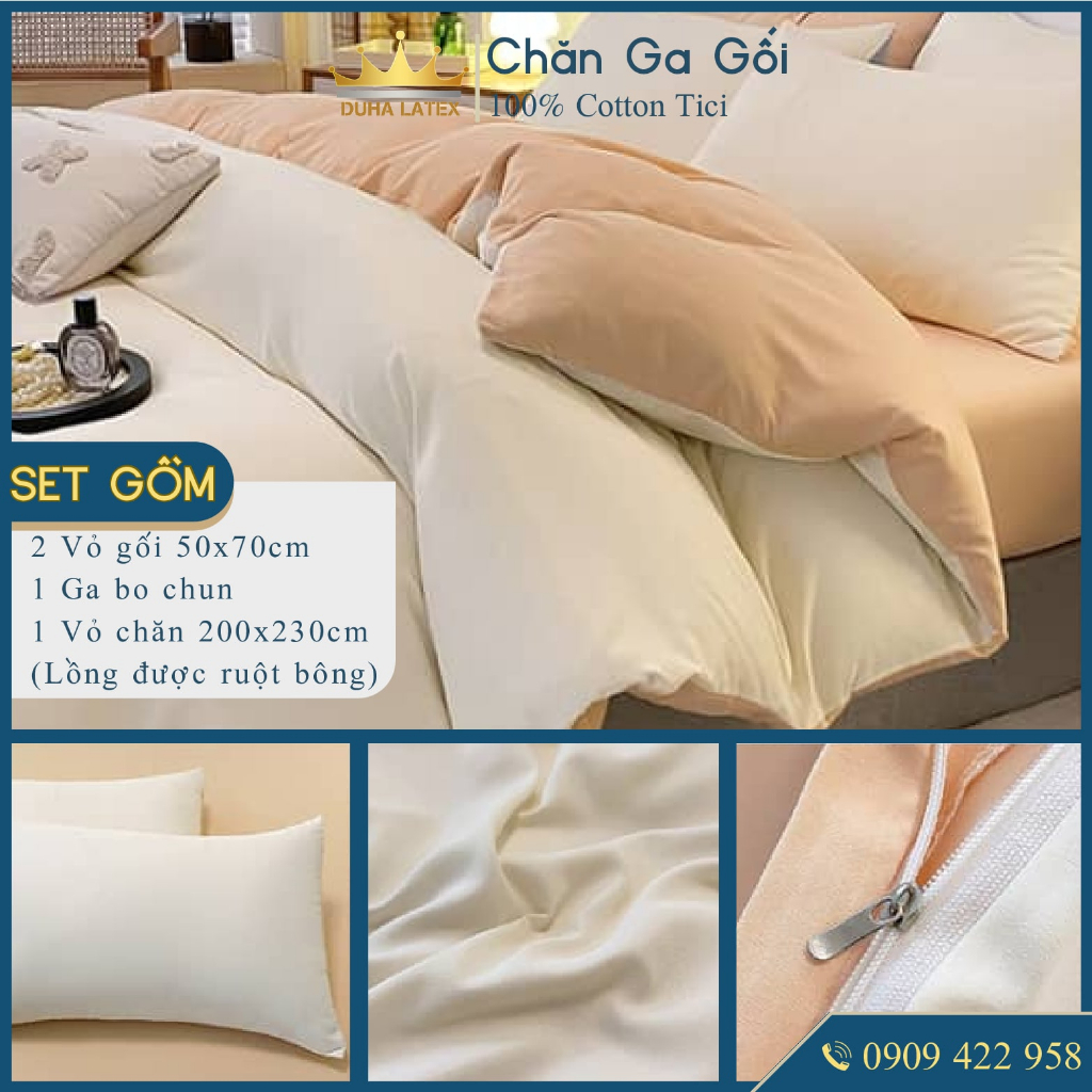 Bộ chăn ga gối 5 món Cotton Tici màu Kem  đầy đủ kích thước Duhalatexstore Al1-4