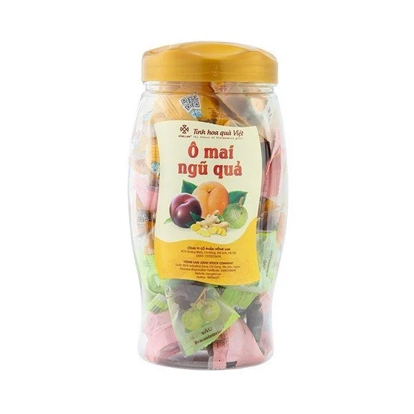 Ô mai ngũ quả Hồng Lam, gồm 5 loại quả ô mai kết hợp. Dạng hộp và gói (320gr, 400gr)