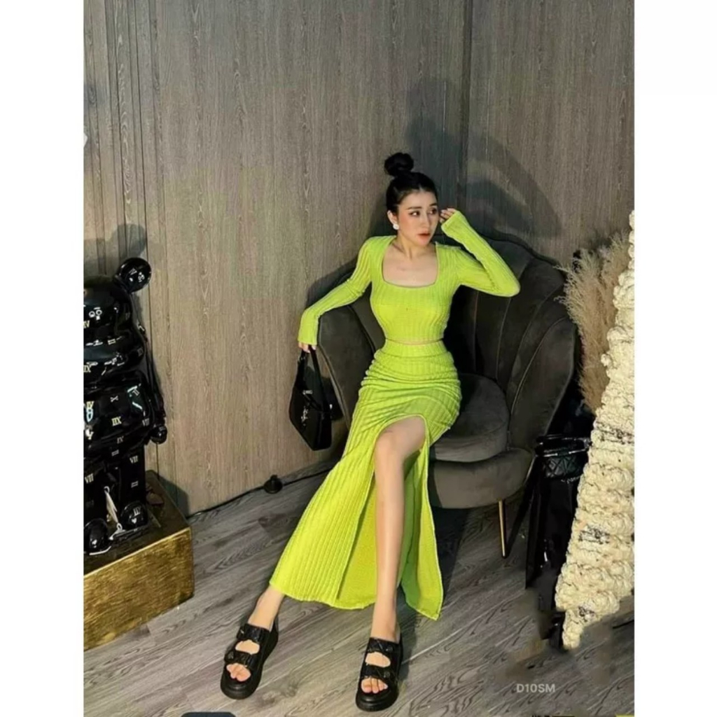 🍒🍒🍒 🌵🌵sét đầm ôm body xẻ tà thun gân nữ tay dài siêu sang chảnh Bd91