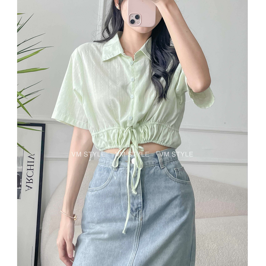 Áo sơ mi nữ croptop VMSTYLE đi biển tay ngắn eo rút sexy thời trang mùa hè 020574 - ASU00010