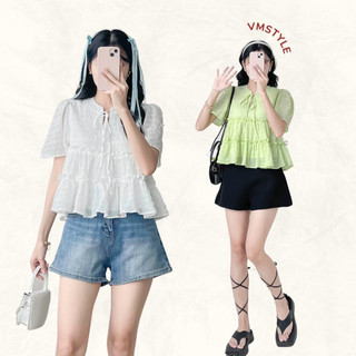 Áo babydoll kiểu VMSTYLE form rộng, BBD tay ngắn 2 tầng viền bèo 13100 ASU00052