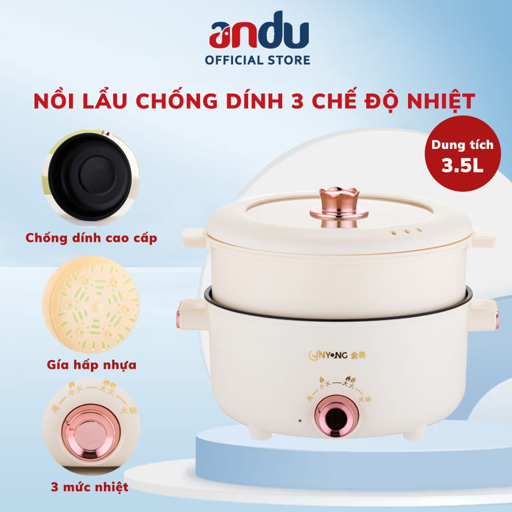 Nồi Lẩu Điện Chống Dính Dung Tích 3.5L 4 Chế Độ Nhiệt, Nồi Lẩu Đa Năng Dùng Chiên, Xào, ,Hấp Tặng Kèm Giá Hấp Tiện Dụng