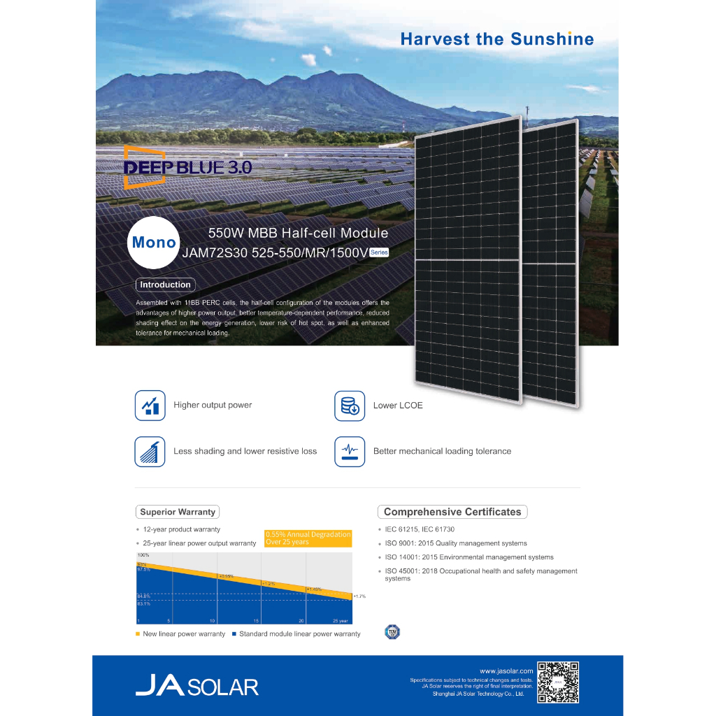 Pin JA Solar LOẠI A 550W Hiệu Suất Cao JAM72S30-550/MR