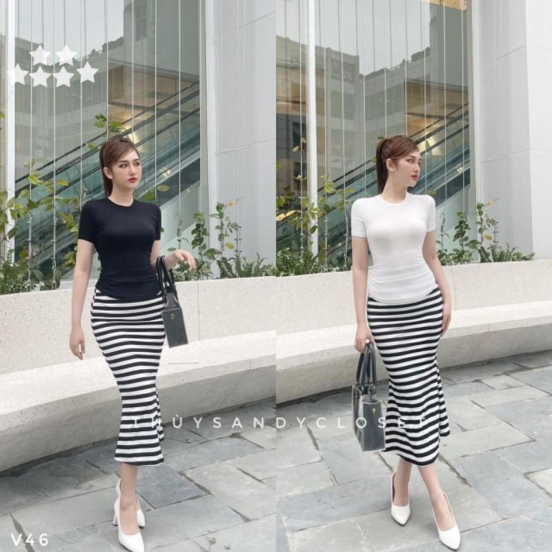 Sét bộ áo ba lỗ sọc ngang trắng, đen viền màu phối chân váy dài body cực xinh , chất thun gân mềm mịn ng alohashop91