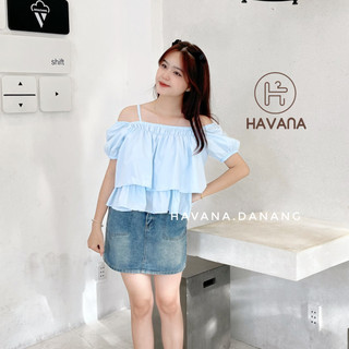 Áo 2 dây trễ vai tay bồng phối nhiều tầng, áo 2 dây babydoll HE253