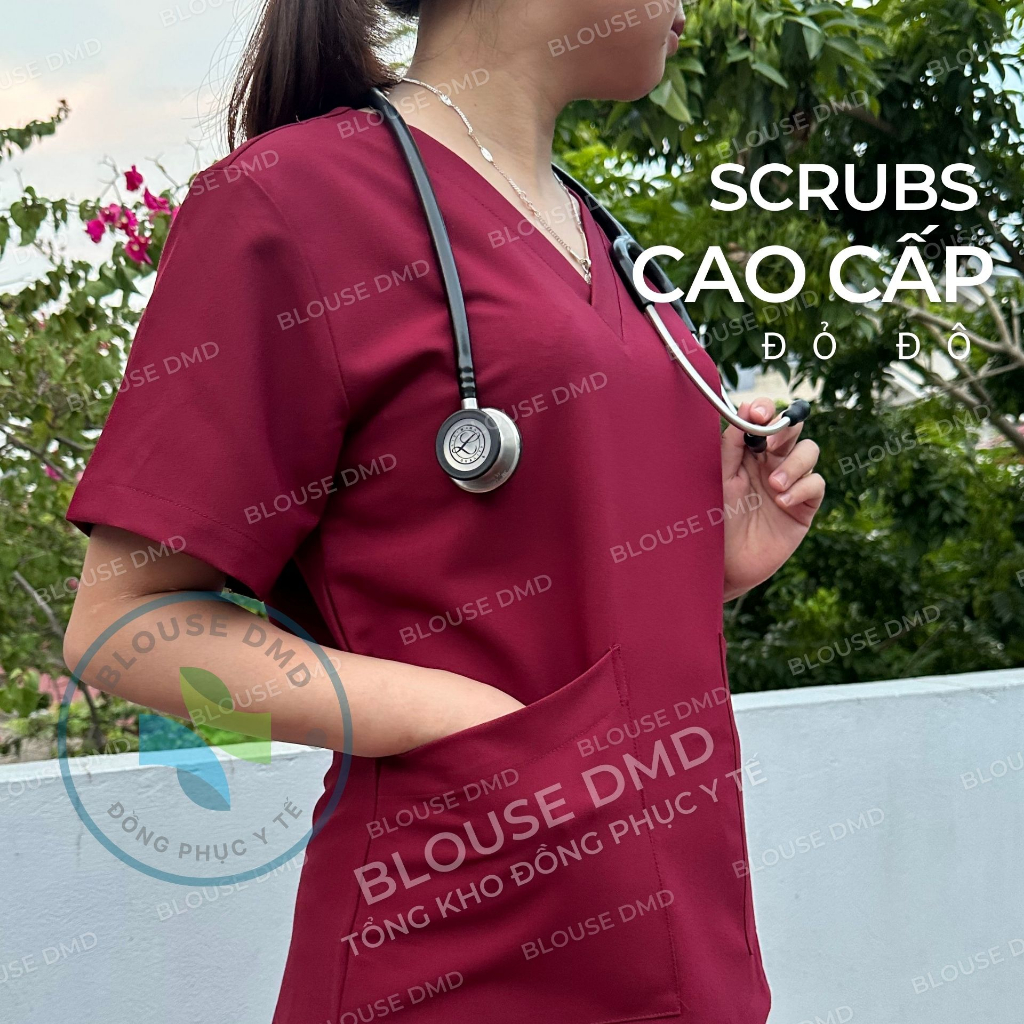 Bộ scrubs Bác sĩ Nam Nữ, Blouse cổ tim cao cấp, đồng phục phòng khám mổ, Spa, Nha khoa, Điều dưỡng, Dược sĩ màu đỏ đô