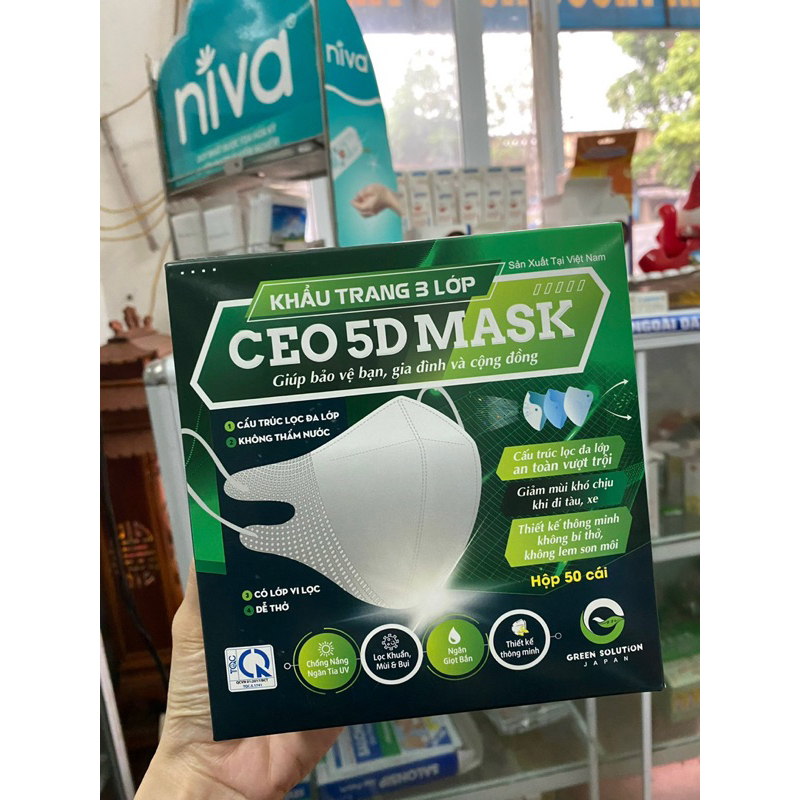 Khẩu Trang 3 Lớp CEO 5D Mask Chống Nắng Ngăn Tia UV, Lọc Khuẩn, Mùi & Bụi, Ngăn Giọt Bắn, Hộp 50 Cái