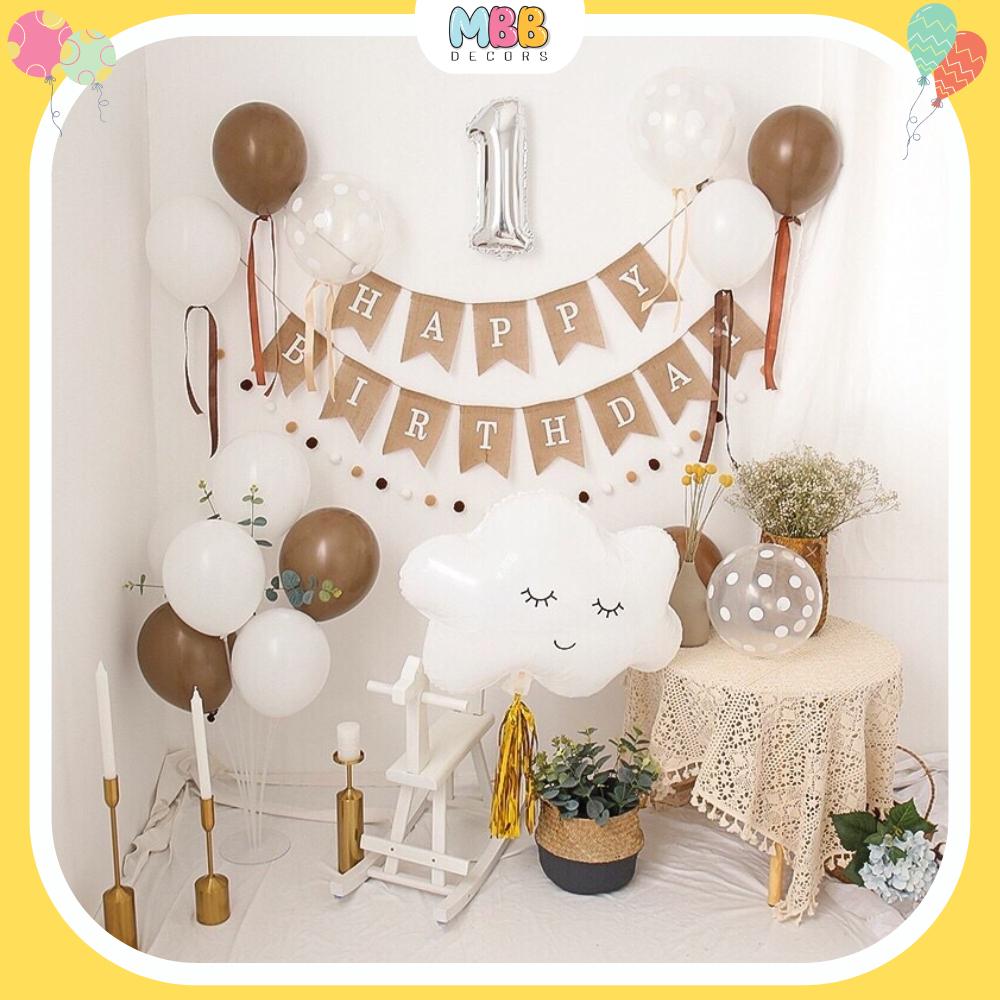 Set Bóng Trang Trí Sinh Nhật Hàn Quốc Cho Bé Trai Bé Gái Màu Nâu Tây Đơn Giản MBB-013