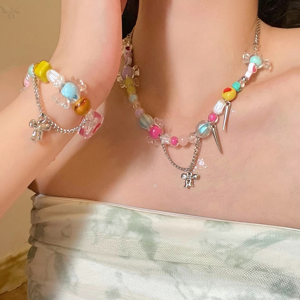 🍒🍒CHERRYKOKO Vòng cổ / Vòng Tay Y2K Phối Nơ Tua Rua Màu Sắc Ngọt Ngào Phong Cách Hàn Quốc Thời Trang Mùa Hè Cho Nữ