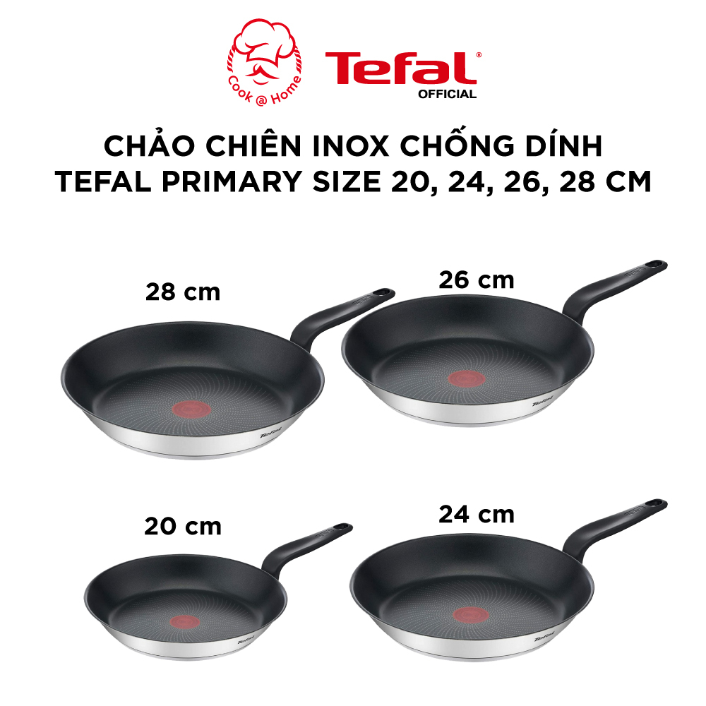 Chảo chống dính inox phủ Titanium Tefal Primary kích thước 20cm/ 24cm/ 26cm/ 28cm dùng cho bếp từ - Bảo hành 2 năm