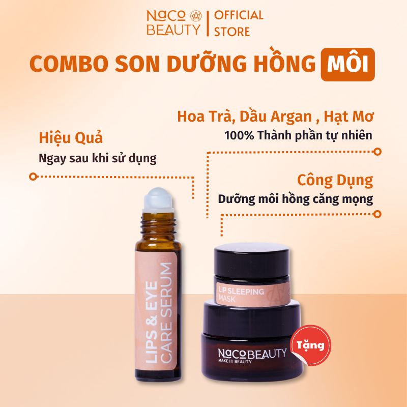 [TẶNG TẨY TẾ BÀO CHẾT MÔI] Combo Dưỡng Hồng Môi, Thâm Môi NacoBeauty Giảm Thâm Làm Hồng Mắt Môi, Mềm Mịn Căng Mọng Môi