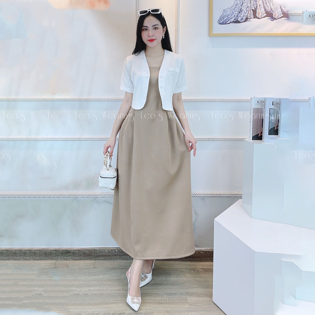 Set váy dáng dài LEOSWEARING đầm 2 dây maxi tôn eo mix áo khoác lửng cổ V be trắng A437