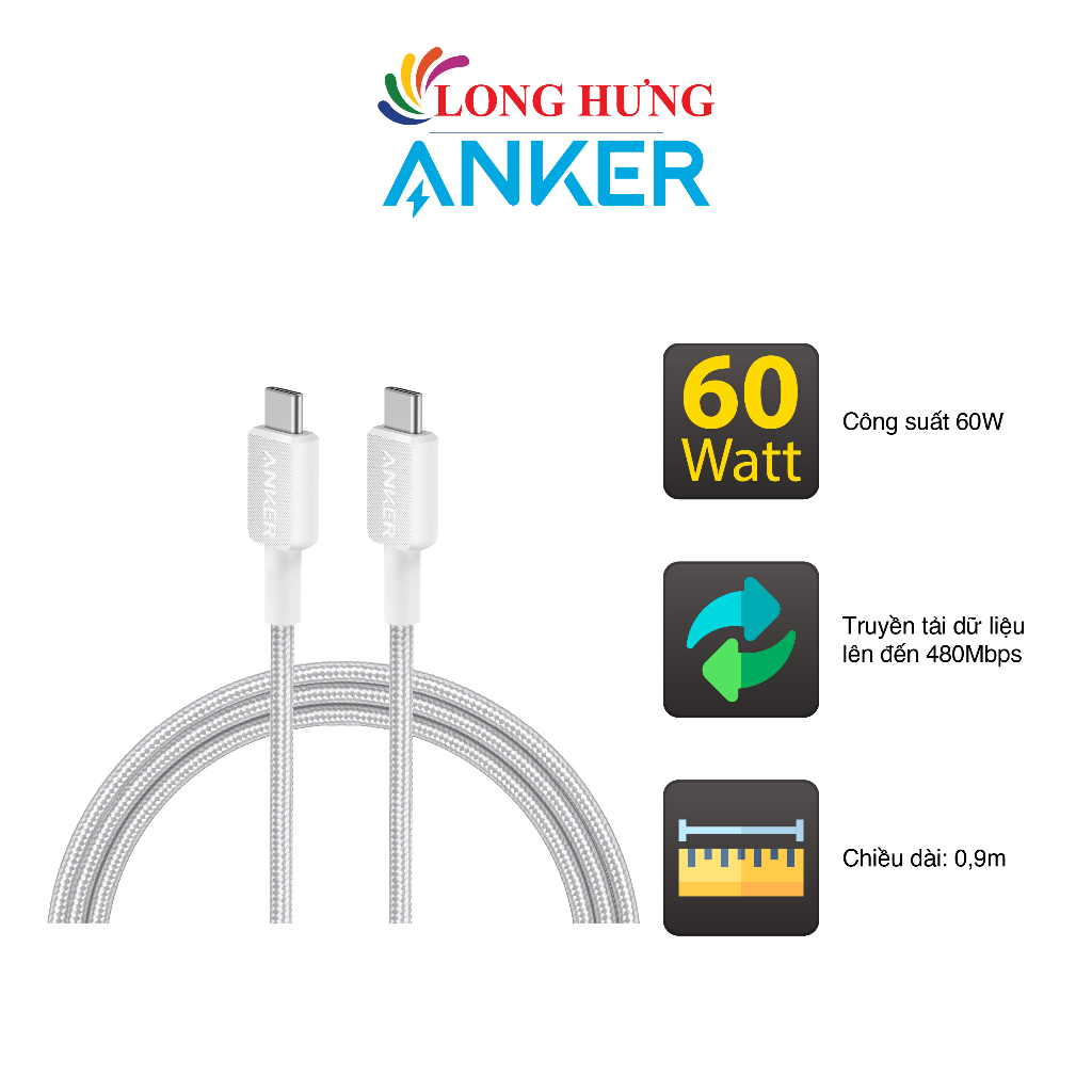 Cáp USB Type-C to Type-C Anker 322 Nylon Cable III 60W 0.9m A81F5/1.8m A81F6 - Hàng chính hãng