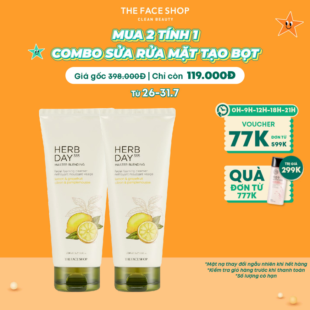 Combo 2 Sữa Rửa Mặt THE FACE SHOP Herb Day 365 Master Blending Facial Foaming Lemon & Grapefruit 170ml