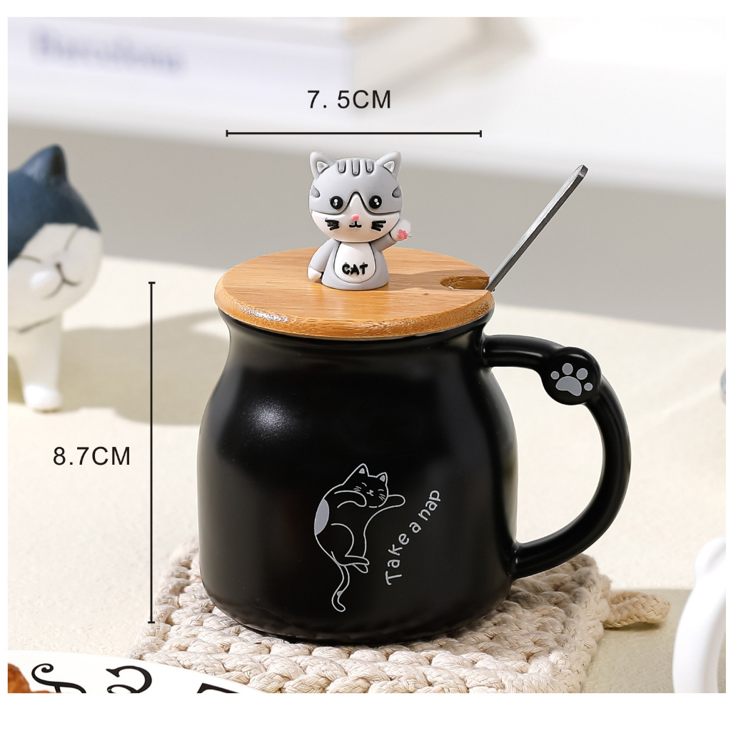 Cốc ly sứ hình mèo cute có nắp gỗ, kèm thìa, dung tích 350ml Cốc Cốc họa dùng để uống nước, trà, cà phê, quà tặng