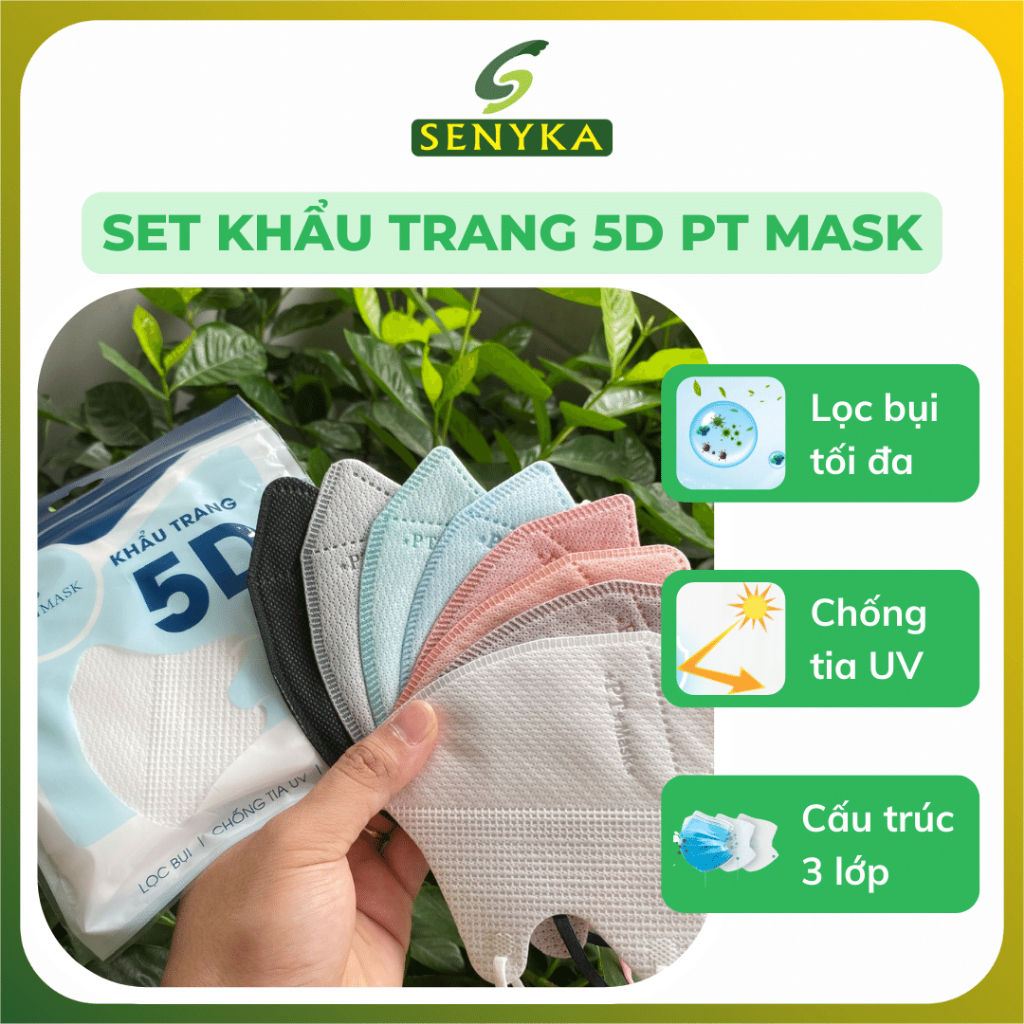 Set 50 cái khẩu trang 5D PT Mask kháng khuẩn ôm vừa vặn khuôn mặt lọc bụi chống tia UV x5PT5DO