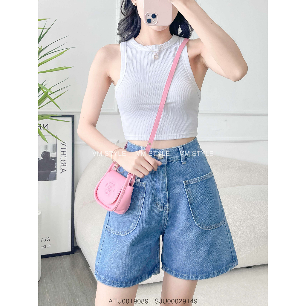 Quần short jean nữ VMSTYLE lai thường 2 túi trước cạp cao 307 - SJU00029