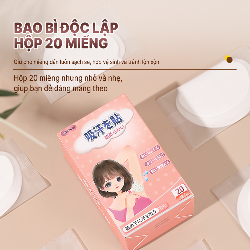 Hộp 20 miếng dán thấm hút dính dưới nách áo ngăn đổ mồ hôi chính hãng Mapiua, siêu mỏng nhẹ, thoáng khí, khử mùi hôi.