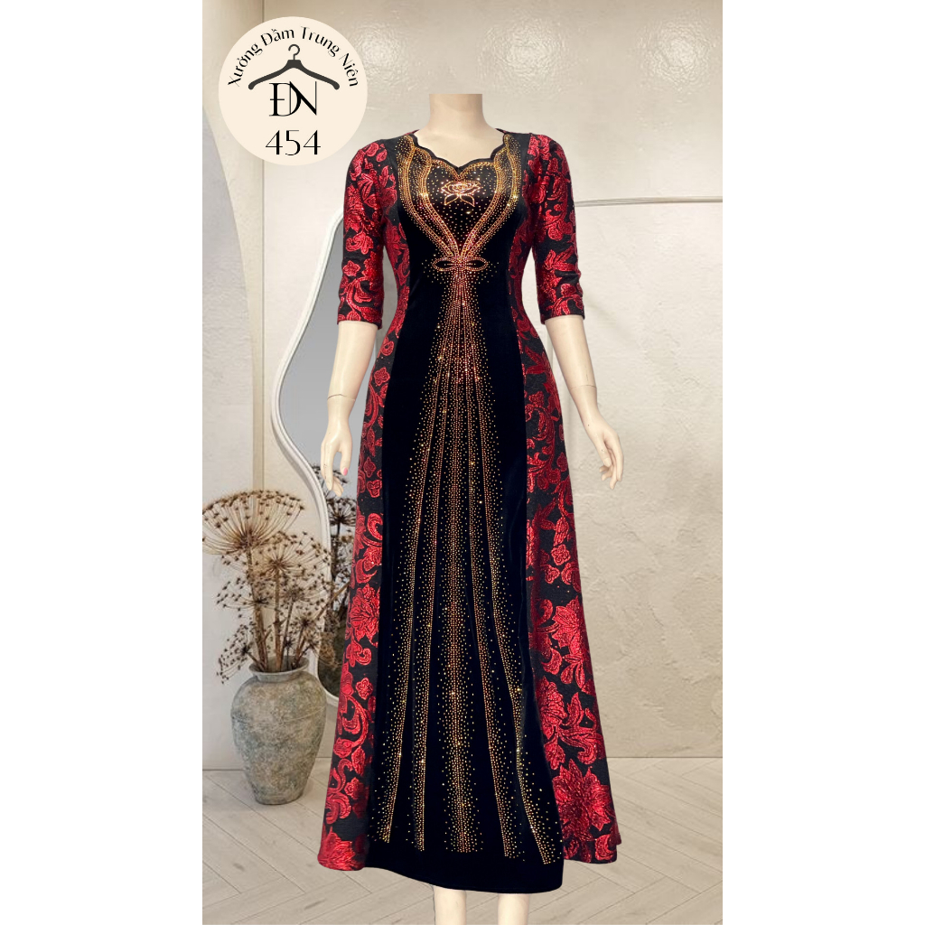 Đầm dạ hội trung niên chất nhũ kim sa phối nhung co giãn tốt, đính đá, cho mẹ dự tiệc sang trọng bigsize DN27