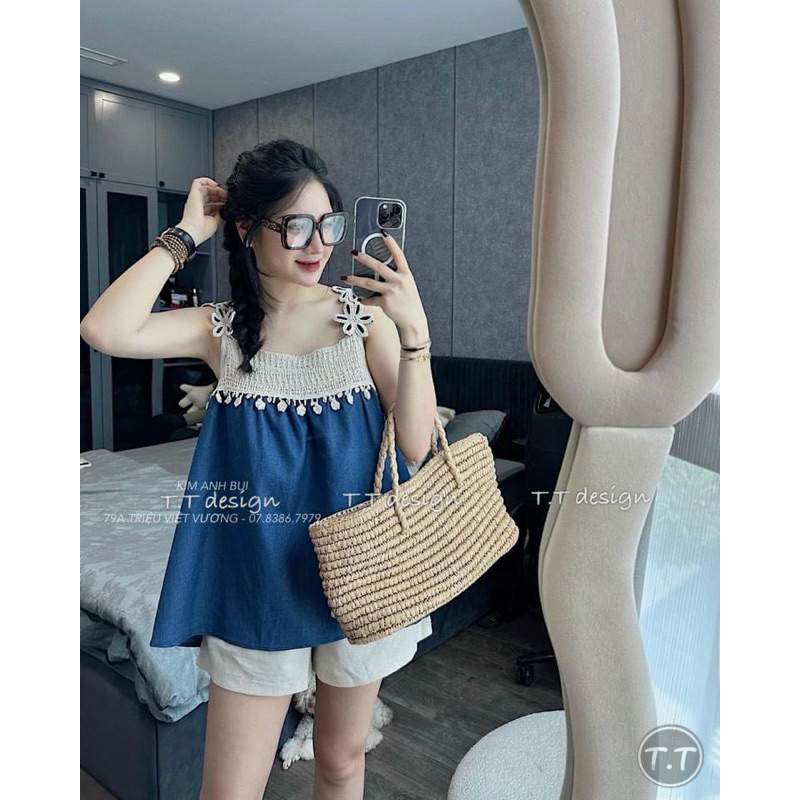 Set Bộ Đồ Nữ Áo Hai Dây Ren Dệt Thổ Cẩm Phối Xanh Mix Quần Sooc Đùi