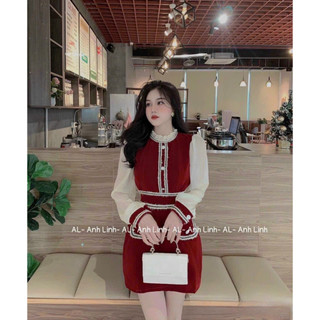 Đầm váy nữ cổ tròn tay dài phối voan tơ đính hạt viền cổ bèo dáng váy chữ A thiết kế tiểu thư sang chảnh, mặc đi tiệc