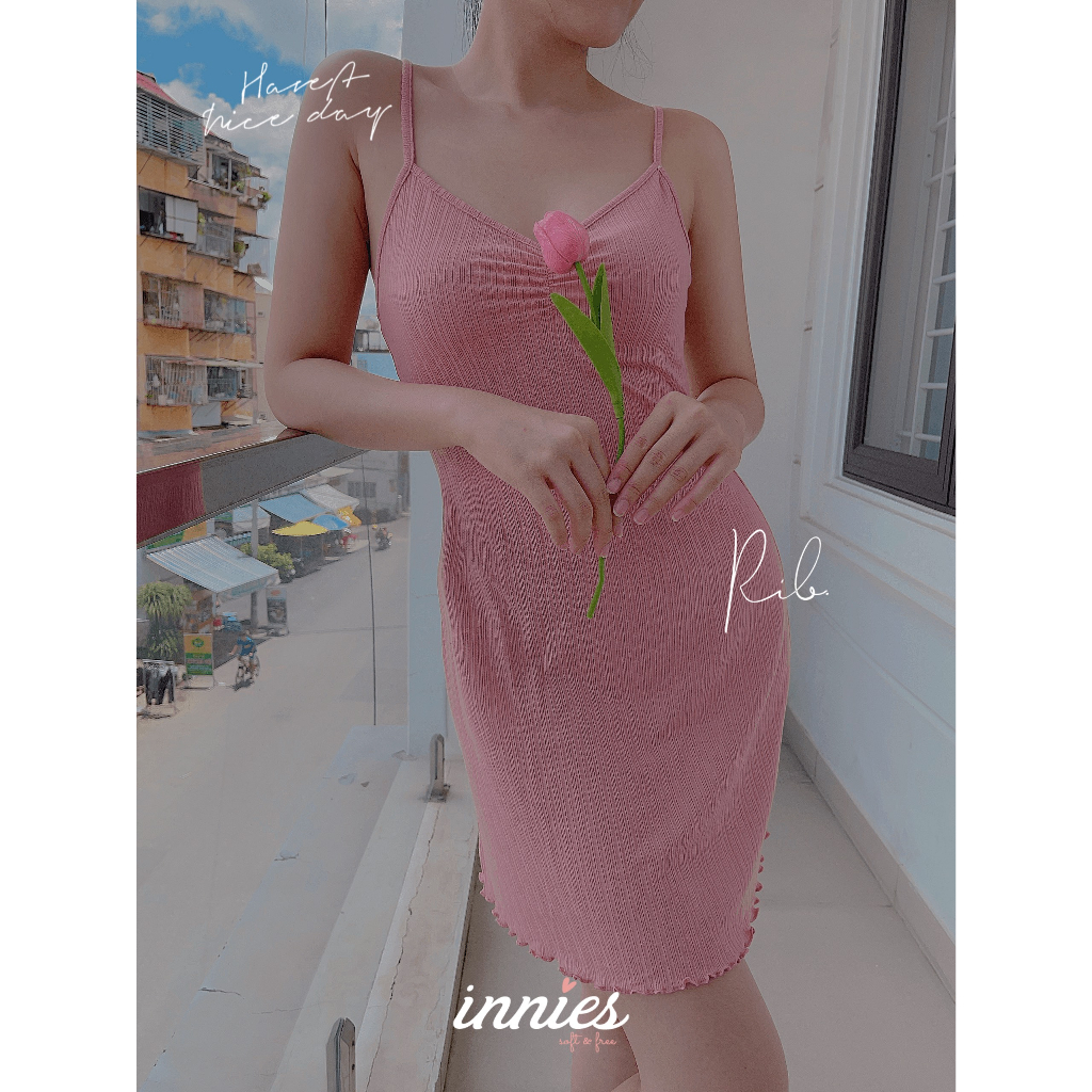 Đầm nữ 2 dây in hoa nhí nhún ngực chất vải thun cotton co giãn và đàn hồi tốt - Innies