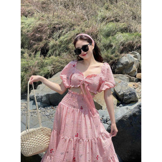 Set váy maxi đi biển dáng dài phối áo croptop tay bồng - áo nữ tay phồng chạy moking chất xốp hoa + chân váy dài xòe tần