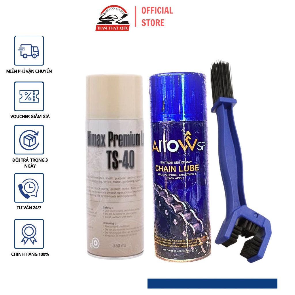 BỘ 3 SẢN PHẨM VỆ SINH SÊN TS-40 400M+ CHAI XỊT BÔI TRƠN SÊN XE MÁY ARROW CHAIN LUBE 400ML TẶNG BÀN CHẢI CHUYÊN NGHIỆP 3D