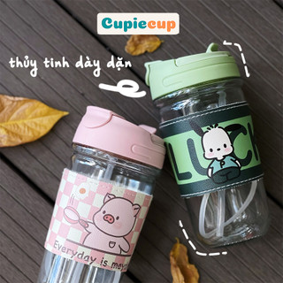  Bình Nước Thủy Tinh Trong Suốt 550ml Kèm Đai Chống Nóng Dạng Nắp Lật BTT071