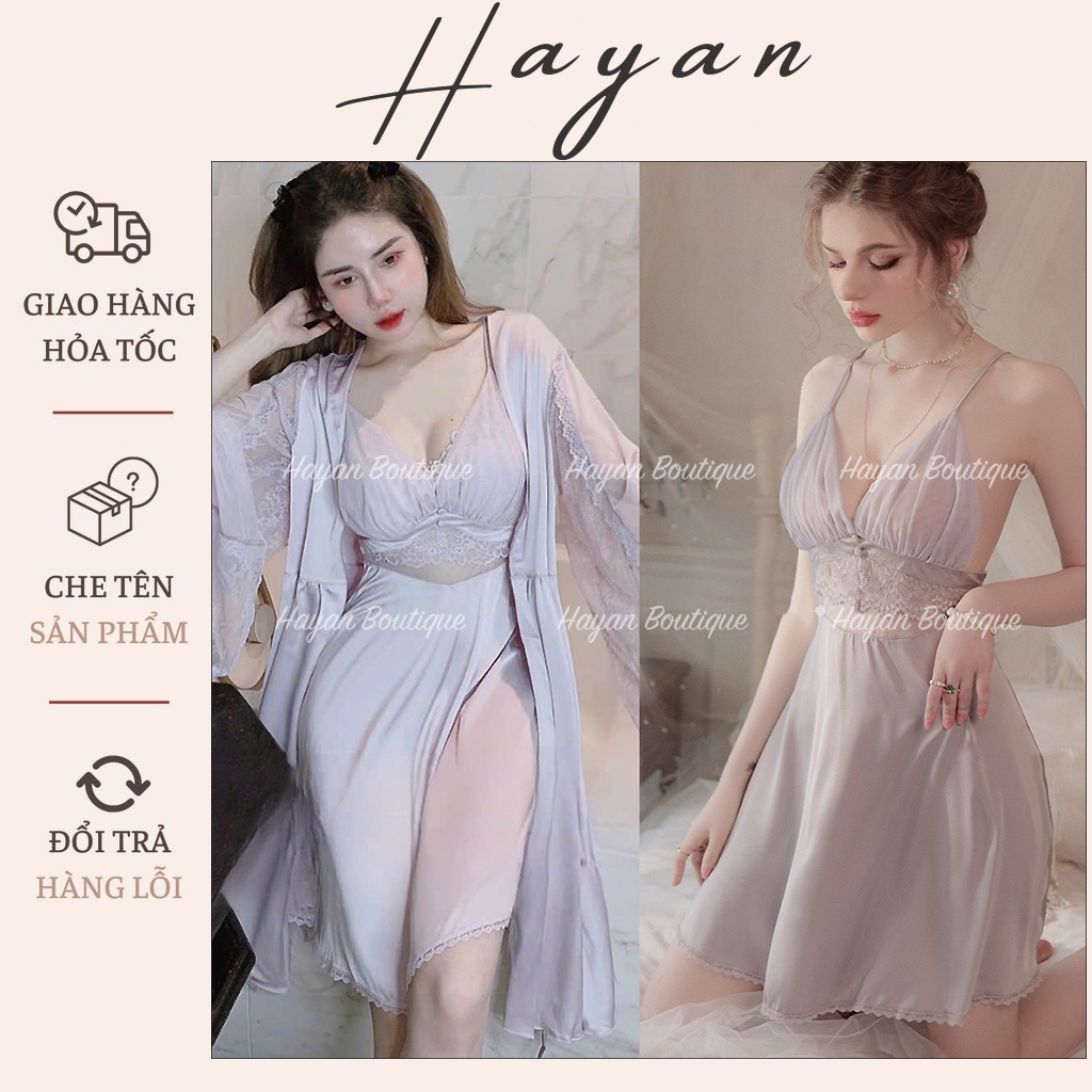 HT342 Váy ngủ sexy phối ren xẻ ngực sang chảnh, đồ ngủ lụa xoè nhẹ tôn dáng HT342