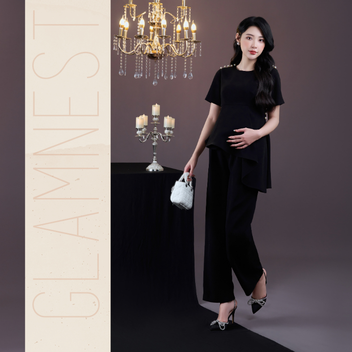 Áo bầu xinh bigsize phối quần bầu dáng suông chất liệu co giãn hàng thiết kế chính hãng Glam Nest AS035