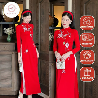 Áo dài truyển thống chất liệu lụa mỹ thêu hoa cao cấp -  Shop Áo Dài Mộc Lâm - AD46