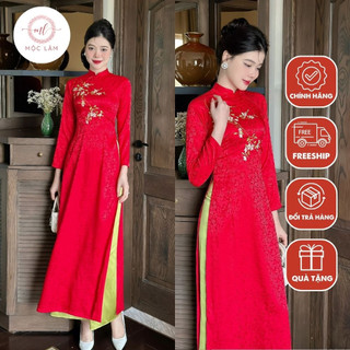 Áo dài đỏ truyền thống chất liệu gấm thêu hoa cao cấp - Shop Áo Dài Mộc Lâm - AD42
