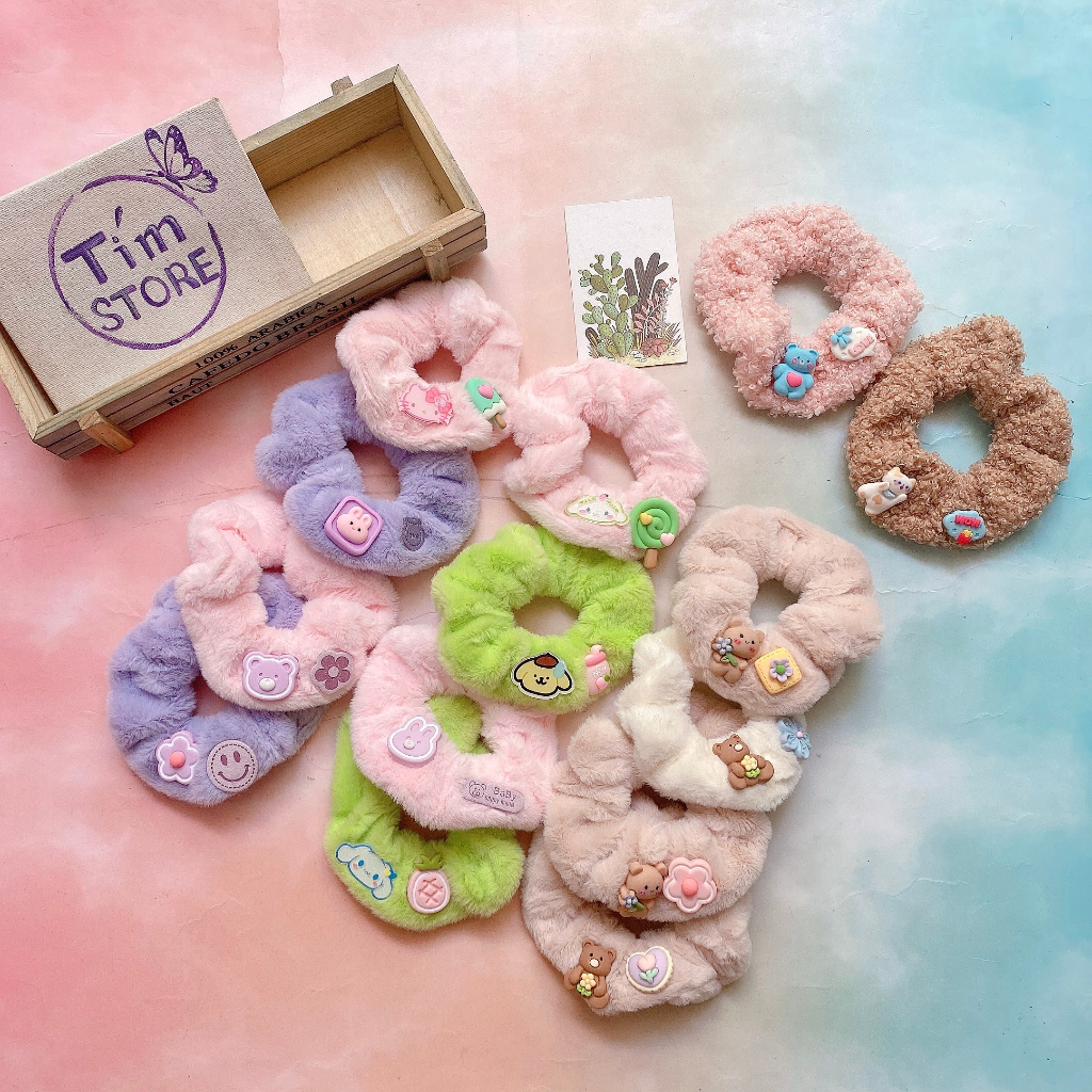 Dây cột tóc lông scrunchies gắn charm hoạt hình TIMSTORE phụ kiện tóc phong cách hàn quốc