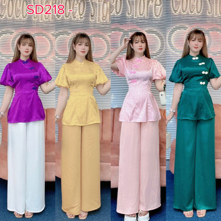 SD218 Set đồ lam đi chùa, bộ bà ba đi lễ chùa đầu năm xinh xắn, set GẤM HẠC, tay phòng, quần dài mặc đẹp dễ thương