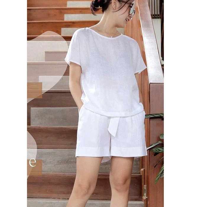 Áo kiểu nữ tay cánh rơi cổ thuyền không kén dáng mặc Linen bột mềm mát - Trắng
