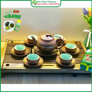 Bộ ấm chén tử sa Bát Tràng (Mẫu chân nhỏ họa tiết chim lạc trống đồng xanh 330ml)