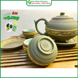Bộ ấm chén tử sa Bát Tràng (Mẫu chân nhỏ họa tiết chim lạc trống đồng xanh 330ml)