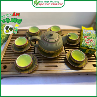 Bộ ấm chén tử sa Bát Tràng (Mẫu chân nhỏ họa tiết chim lạc trống đồng xanh 330ml)