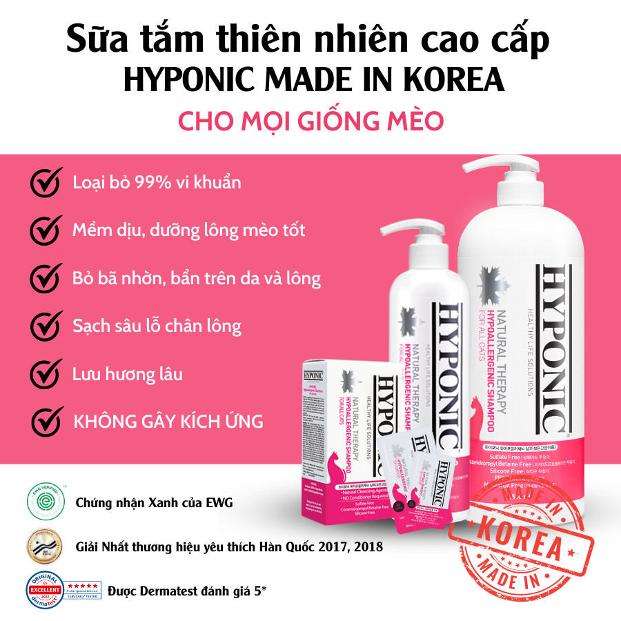 Sữa tắm cho mèo cao cấp HYPONIC Hypoallergenic, mùi thơm tinh tế từ thiên nhiên